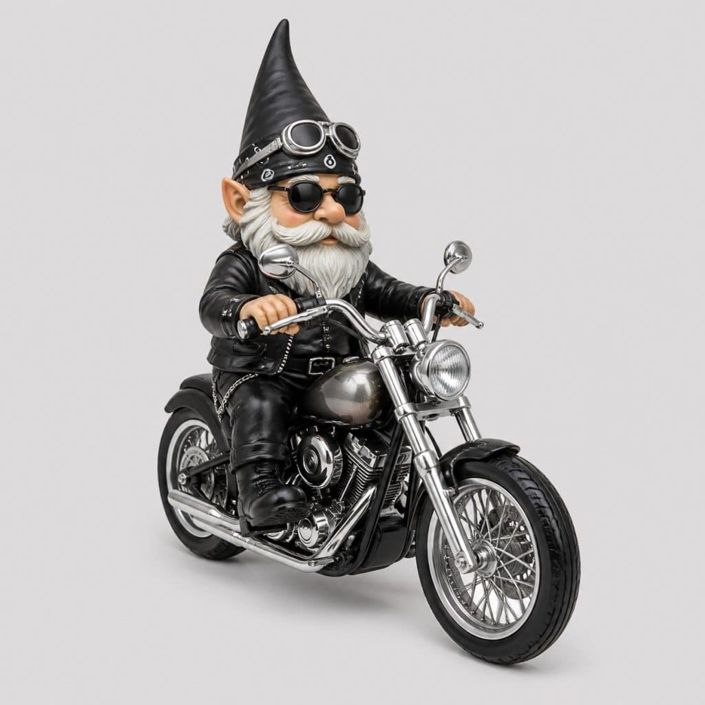 Nain de jardin motard sur une moto custom en résine
