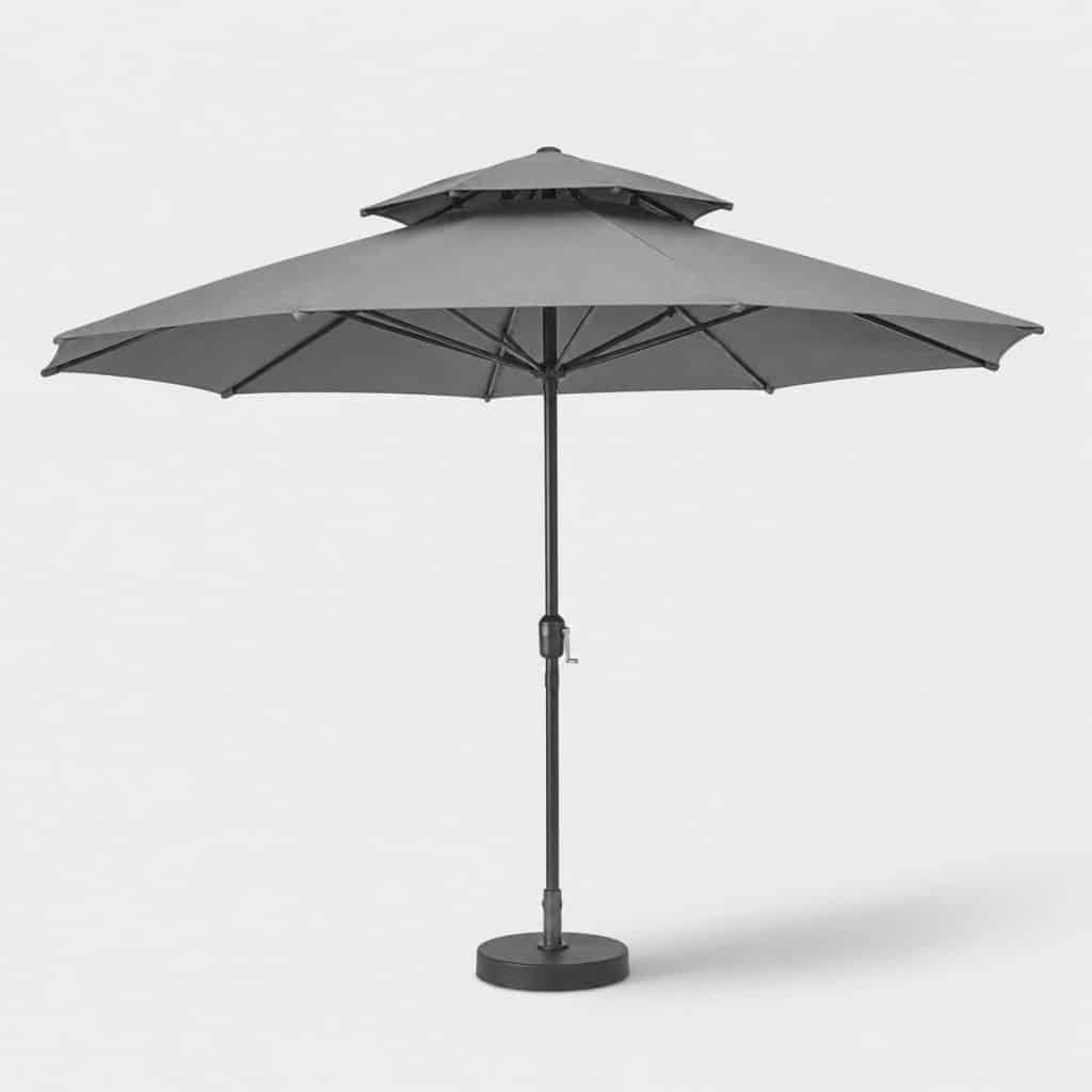Parasol de terrasse anti-vent à mât central et double toit ventilé